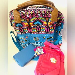 Peace Printed Duffel Style Purse with Wallet and Insulated Water Bottle Bag